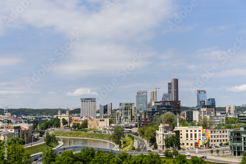 Neris River and Financial district with skyscrapers of Vilnius, Lithuania.