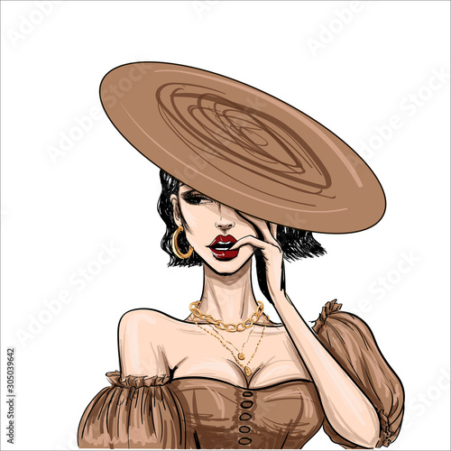 fashion sensual woman in flat brown hat