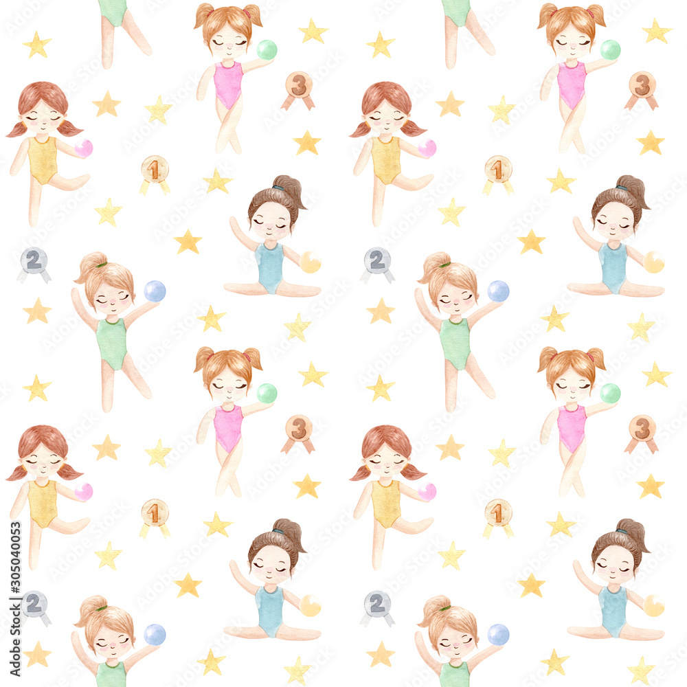 Watercolor gymnast girl. Hand painted illustration isolated on white background. Watercolor gymnast girl. Hand painted illustration isolated on white background.