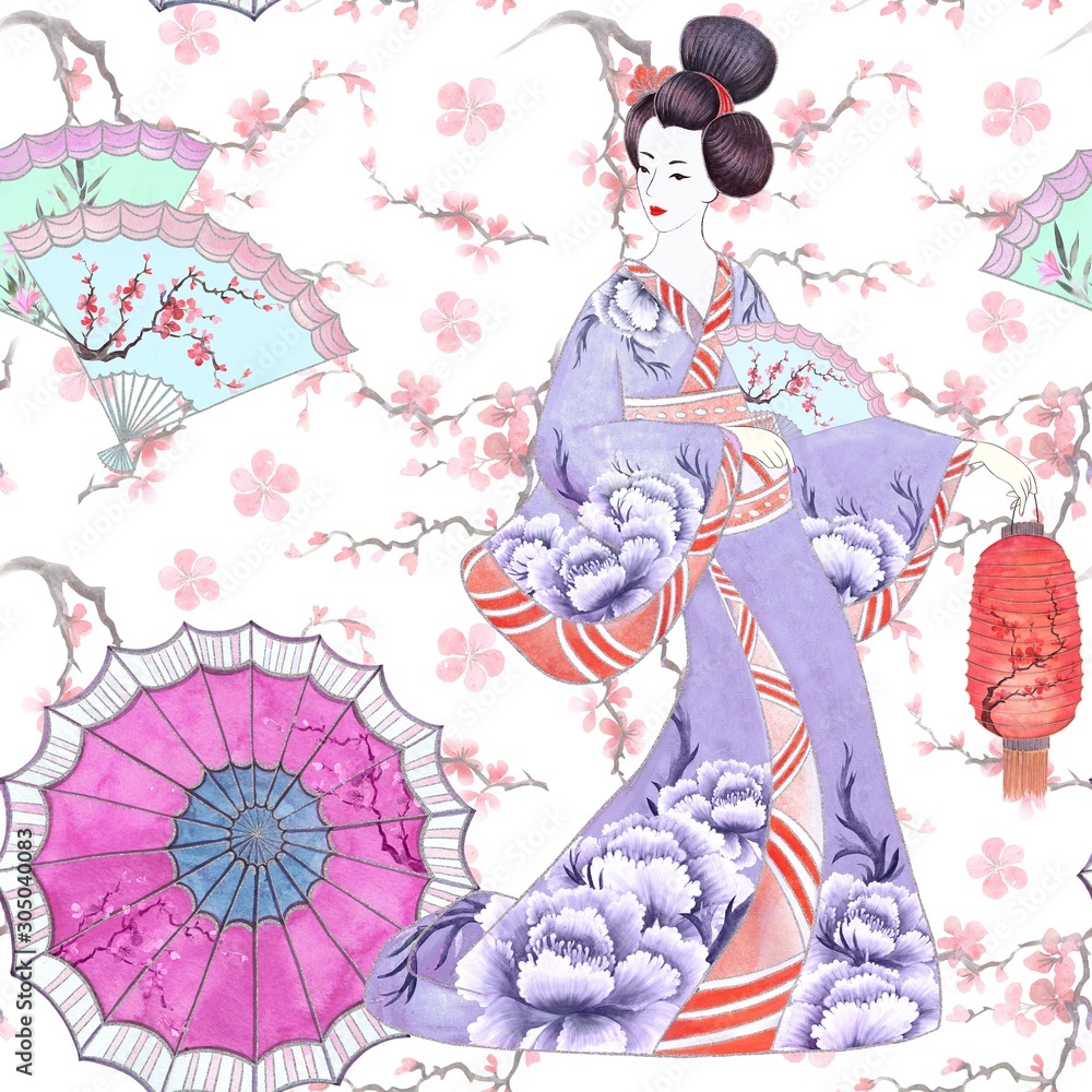 Japan geisha watercolor seamless pattern Japan geisha watercolor seamless pattern