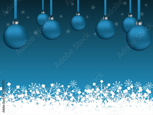 Illustration sur le thème des fêtes de fin d'année et de Noël avec boules de sapin, flocons de neige et étoiles