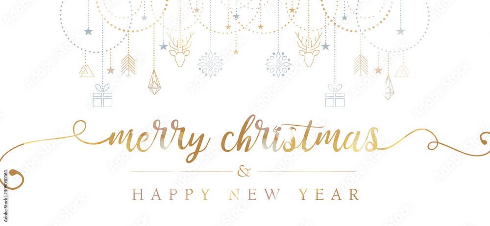 Merry Christmas and Happy New Year hand lettering with geometric elements - obrazy, fototapety, plakaty 