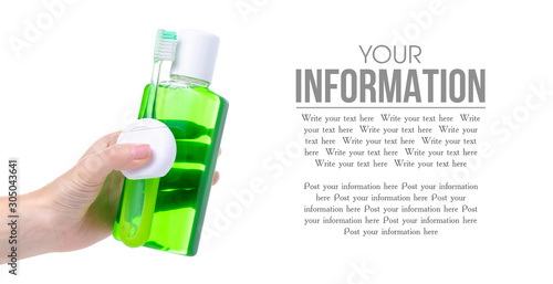 Wallpaper Mural Dental health toothbrush, mouthwash, dental floss in hand on white background isolation, space for text Torontodigital.ca