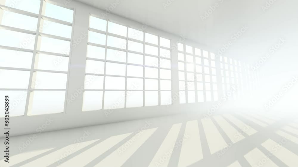 Futuristic empty white corridor with bright light from windows and glossy floor Futuristic empty white corridor with bright light from windows and glossy floor