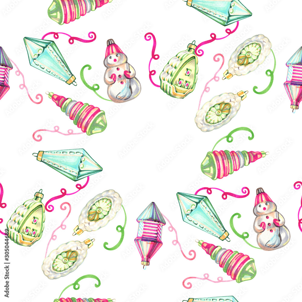 christmas seamless pattern in cartoon or decorative embroidery style with xmas toys. Design best for wrapping paper, cards, posters, scrapbooking.