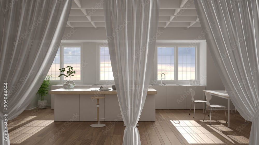 White openings curtains overlay modern kitchen, interior design background, front view, clipping path, vertical folds, soft tulle textile texture, stage concept with copy space White openings curtains overlay modern kitchen, interior design background, front view, clipping path, vertical folds, soft tulle textile texture, stage concept with copy space