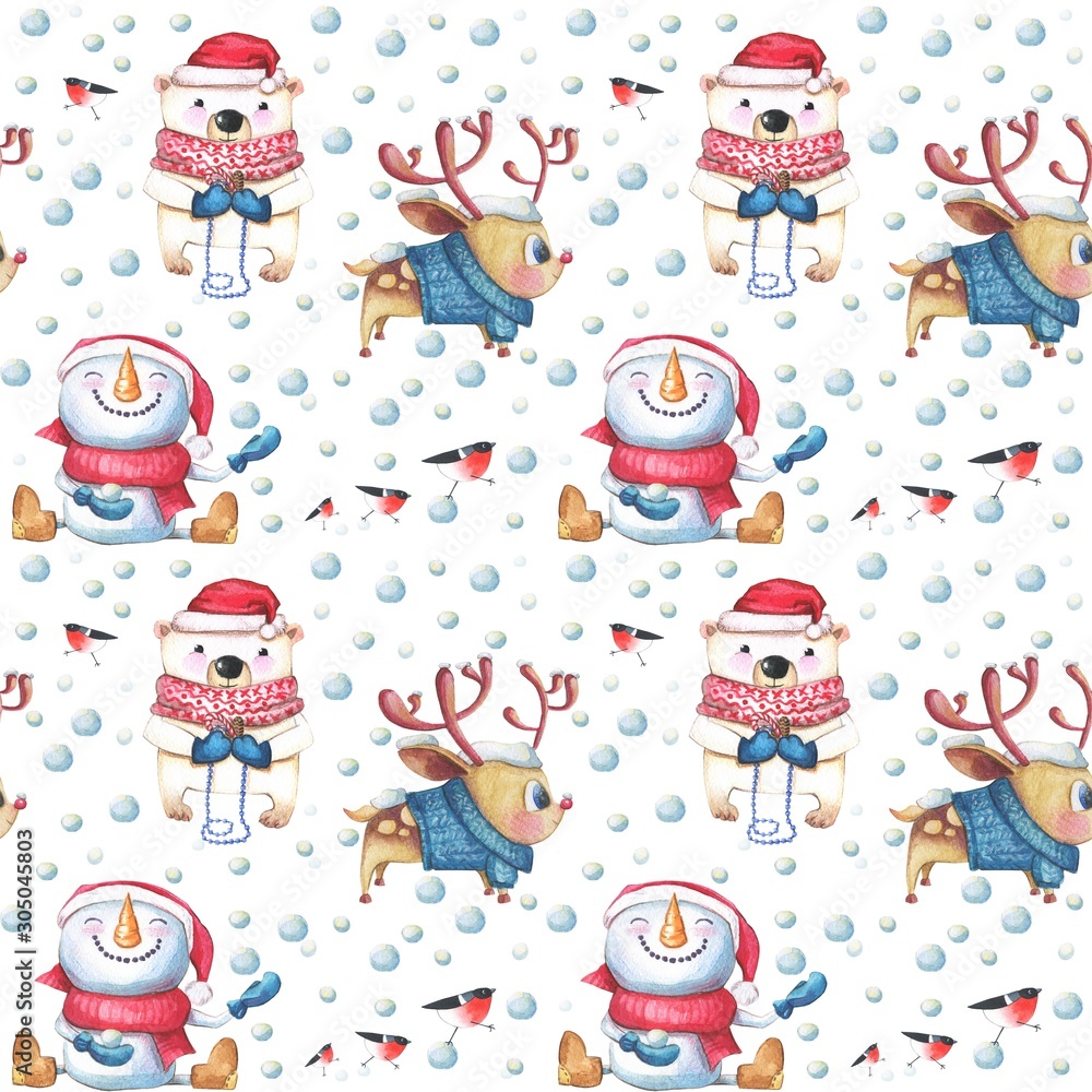 Naklejka premium Watercolor Christmas seamless pattern on white background. Hand drawn cute animal characters and snow. Smiling snowman, bullfinch bird and polar bear. Water colour and crayon illustration.