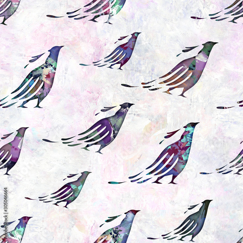 Seamless pattern with peacocks. Paint texture.