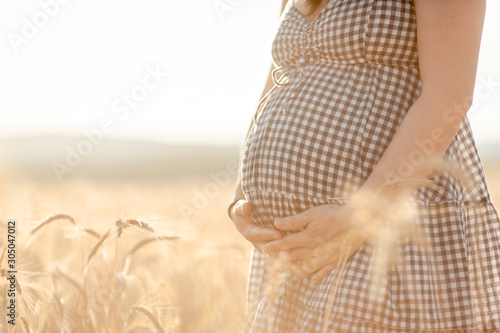 Pregnant woman in cereal field touching her belly