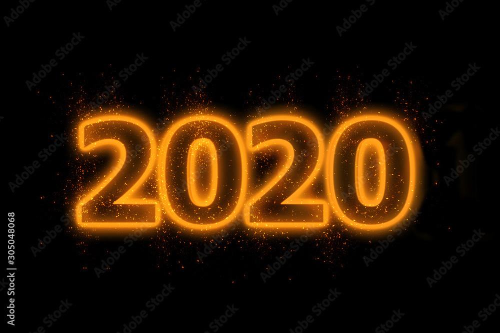New Year concept 2020 with orange neon. New Year concept 2020 with orange neon.