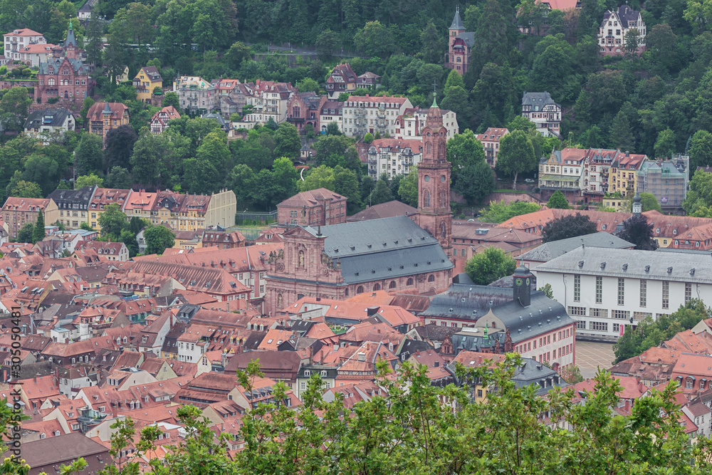 Close up of the city center of Heidelberg seen from the Philosoph's path