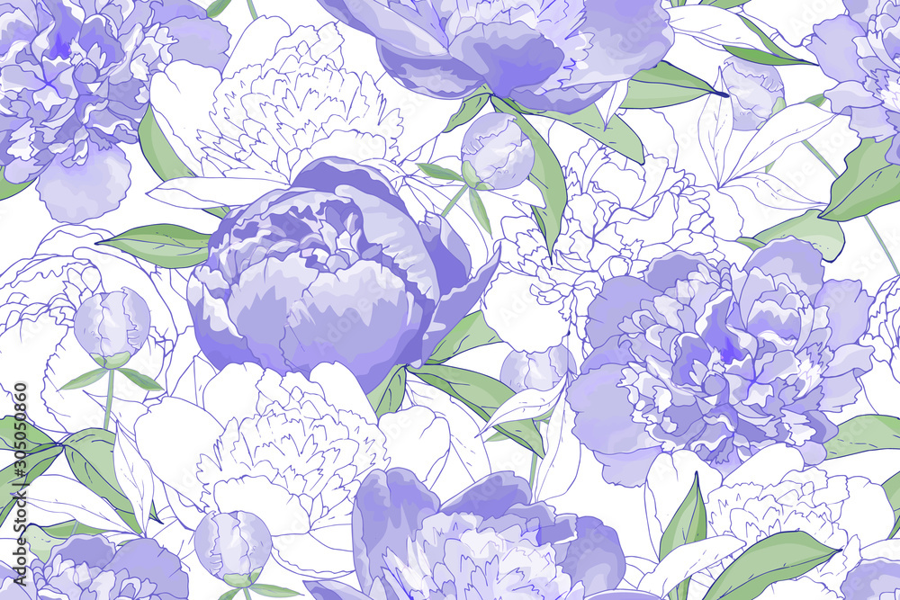 Vector seamless pattern with violet realistic flowers peonies, green ...