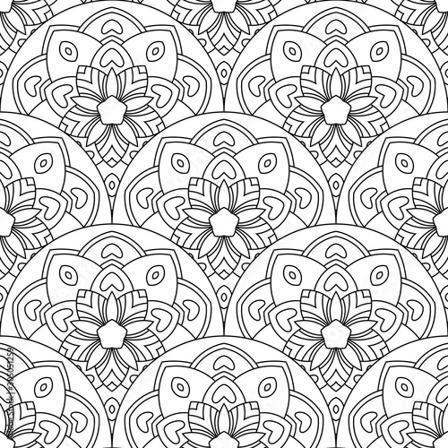 Abstract mandala fish scale seamless pattern. Ornamental tile  mosaic background. Floral patchwork infinity card. Arabic  Indian  ottoman motifs. Vector illustration. 