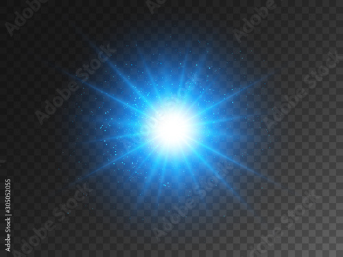 Blue glowing star on transparent backdrop. Christmas light effect with magic particles. Bright glitter and glare. Magical explosion and stardust. Big energy flash. Vector illustration photo