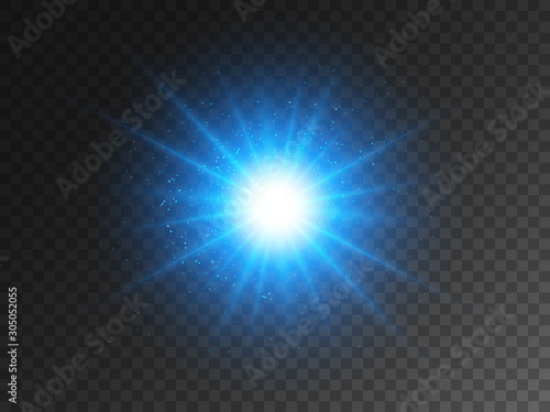 Blue glowing star on transparent backdrop. Christmas light effect with magic particles. Bright glitter and glare. Magical explosion and stardust. Big energy flash. Vector illustration