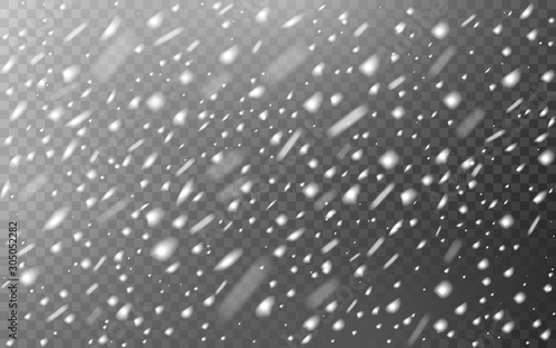 Snow falling on transparent backdrop. Christmas defocused snowflakes. Winter blizzard texture. Realistic snowstorm with different snow flakes. Vector illustration