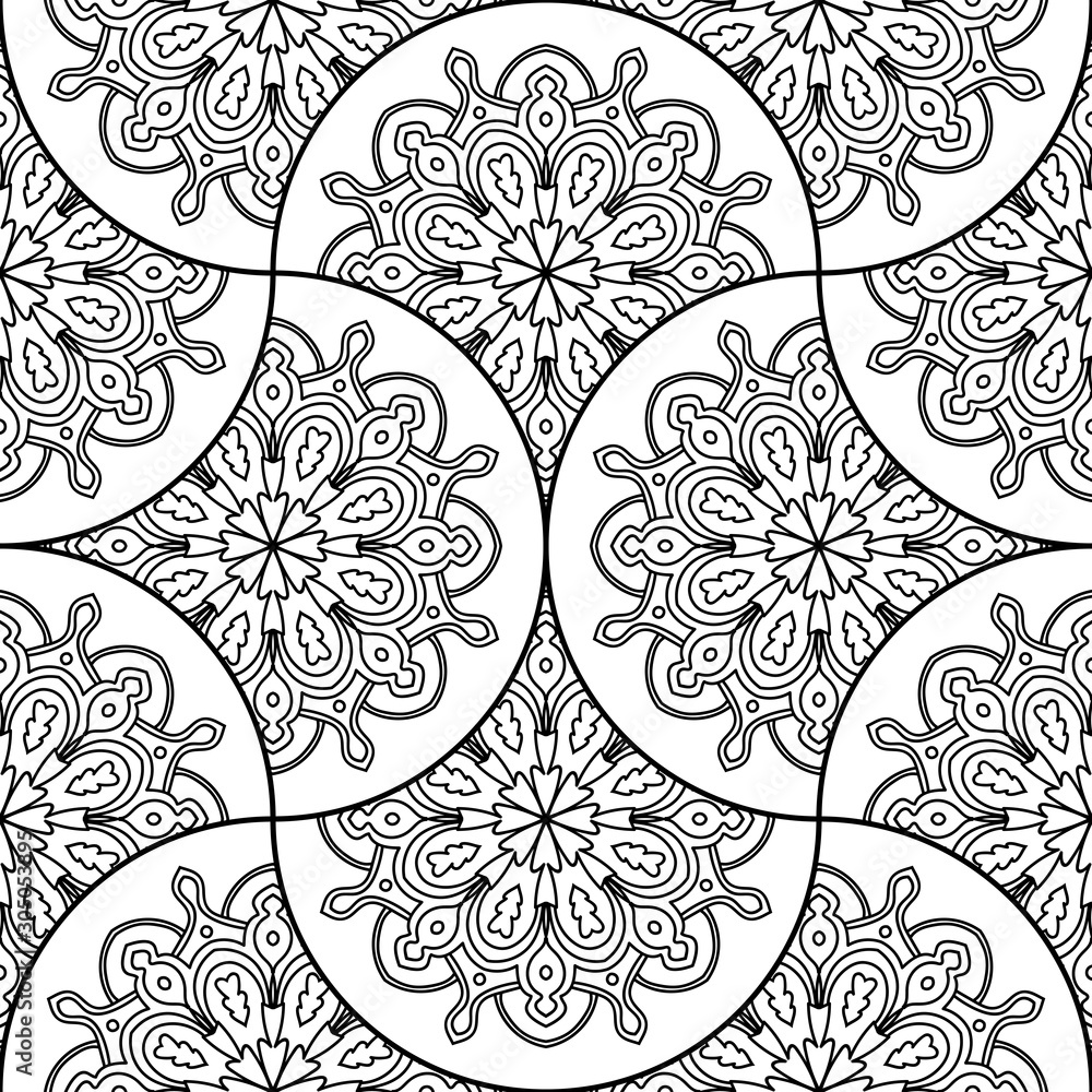 Abstract mandala fish scale seamless pattern. Ornamental tile, mosaic background. Floral patchwork infinity card. Arabic, Indian, ottoman motifs. Vector illustration. 