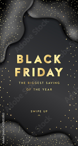 Black friday sale background ,banner or social media post template with trendy gold glitter confetti and realistic balloons, textured gold paint splash. Vector illustration, eps 10