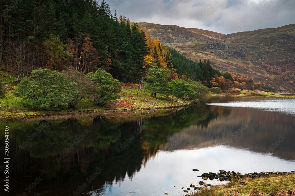 An autumnal HDR image of Loch Killin in the Monadhliath Mountains, Highlands, Scotland.
