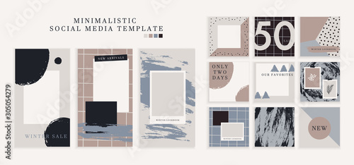 Trendy color pallette, winter vibe templates for post and stories for your social media. Puzzle textured background content for social network. Cute and cozy cold colors. Vector, editable collage