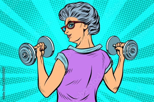 fitness dumbbells sport activity Woman grandmother pensioner elderly lady