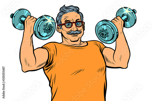 elderly man lifts dumbbells, fitness sport