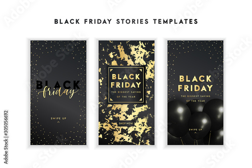 Black friday sale background ,banner or social media post template with trendy gold glitter confetti and realistic balloons, textured gold paint splash. Vector illustration, eps 10