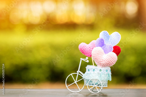 Vintage bicycle model with transport a pastel heart on sunlight in the public park for supporting when people get who lack of desire with love and Valentine's Day concept. photo