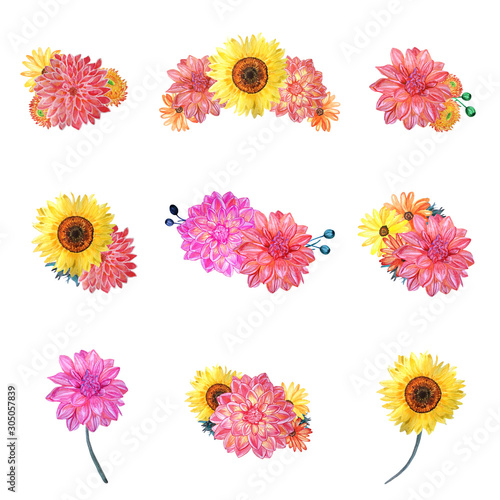 Set watercolor arangements with sunflower and dahlia. (Floral illustration isolated on white background) photo