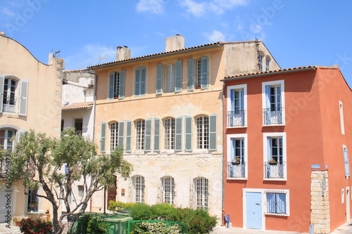 Traditional houses with colorful facades and wooden window shutters in the historic center of Martigues, the Little Venice of Provence, France 