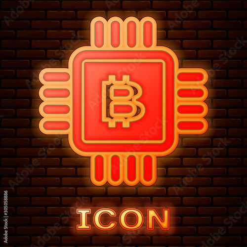 Glowing neon CPU mining farm icon isolated on brick wall background. Bitcoin sign inside microchip. Cryptocurrency mining community. Digital money. Vector Illustration