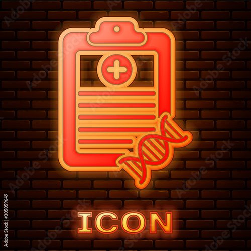 Glowing neon Clipboard with DNA analysis icon isolated on brick wall background. Genetic engineering, genetics testing, cloning, paternity testing. Vector Illustration