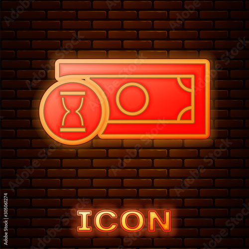 Glowing neon Fast payments icon isolated on brick wall background. Fast money transfer payment. Financial services, fast loan, time is money, cash back concept. Vector Illustration