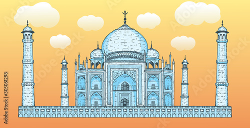 Hand drawn Taj Mahal vector illustration. Taj Mahal colourful design. Ancient palace in India.