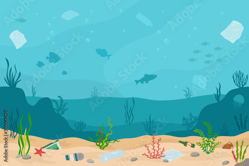 Ocean pollution, plastic bottles and trash  in water. Ecology problems concept. Panoramic seascape. Flat style, vector illustration. 