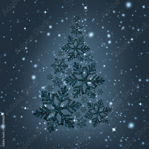 Fashionable creative Christmas tree made of snowflakes on a snowy background.
