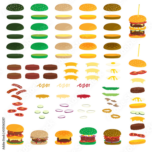 Burger ingredients creation set. Vector.