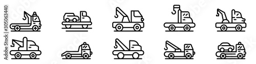 Tow truck icons set. Outline set of tow truck vector icons for web design isolated on white background