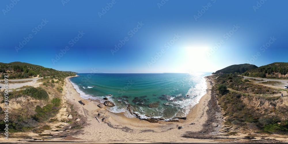 360 degree aerial panorama of beach with blue sea at sunny day