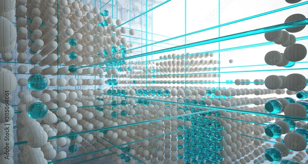 Obraz premium Abstract architectural wood and glass interior from an array of spheres with large windows. 3D illustration and rendering.