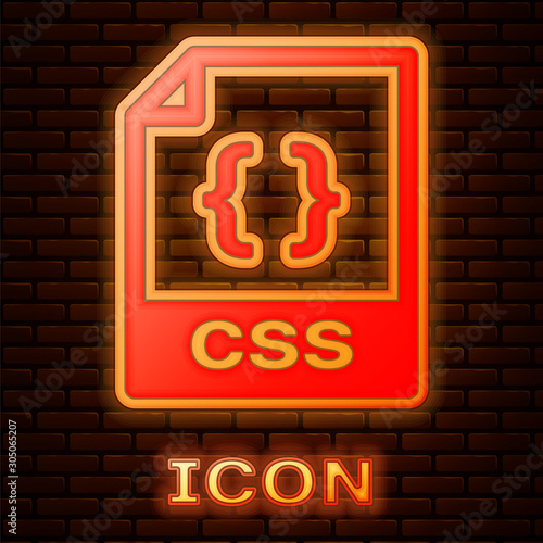 Glowing neon CSS file document. Download css button icon isolated on brick wall background. CSS file symbol. Vector Illustration