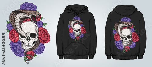 Skull, cobra snake and flowers hand drawn illustration. Tattoo vintage print. Hand drawn floral print. Tattoo design. Great for hoodie design