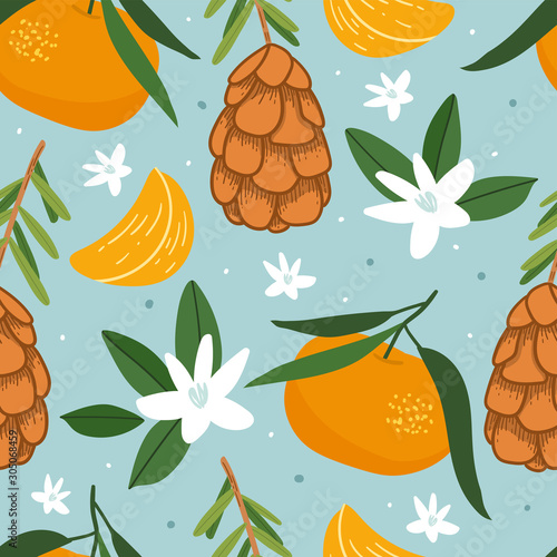 Fototapeta Naklejka Na Ścianę i Meble -  Winter seamless pattern with hand drawn mandarins and pinecones for print, textile, fabric. Modern botanical kids background. Cute citrus decorative pattern.
