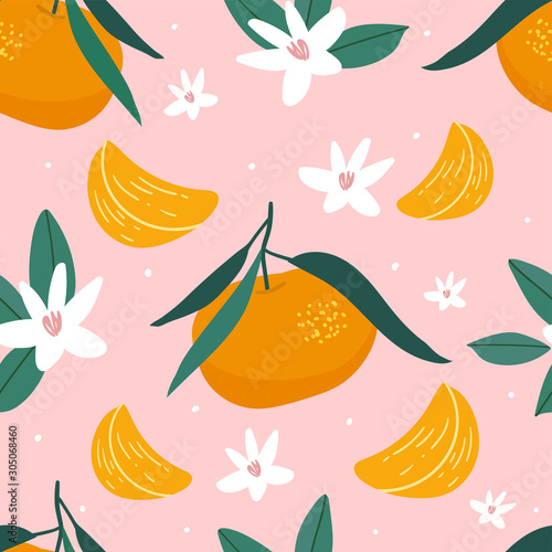 Mandarins seamless pattern for print, textile, fabric. Modern hand drawn stylized citrus fruits background.