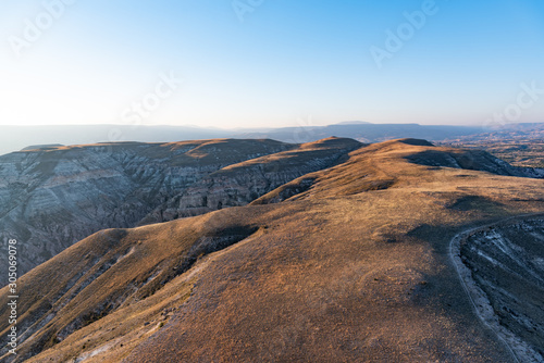 Aerial shot of hills during sunrise. Cappdocia valleys, Turkey.