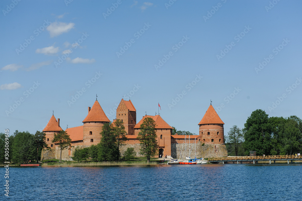 Old Trakai castle in sunny day. Trakai, Lithuania, Galve lake.