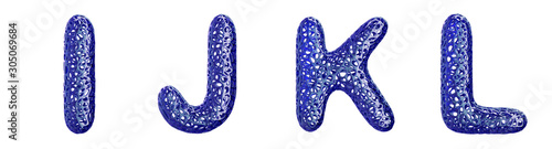 Realistic 3D letters set I  J  K  L made of blue plastic.