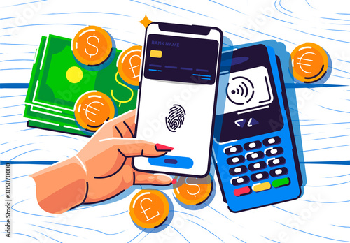 Vector illustration of purchase payment via phone, paypass, Bank card in phone, hand holding smartphone, terminal for payment of purchases