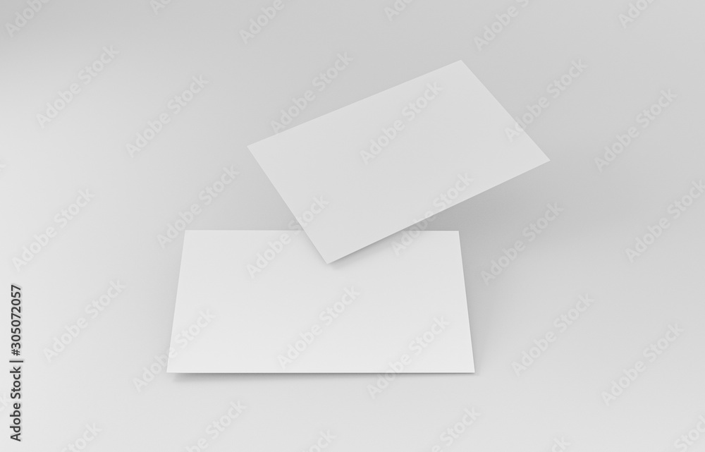 Two empty white business cards. Mockup for branding identity. Blank name card or poster on white background, studio shot. great for text & logo for design creative concept. 3D illustration Two empty white business cards. Mockup for branding identity. Blank name card or poster on white background, studio shot. great for text & logo for design creative concept. 3D illustration
