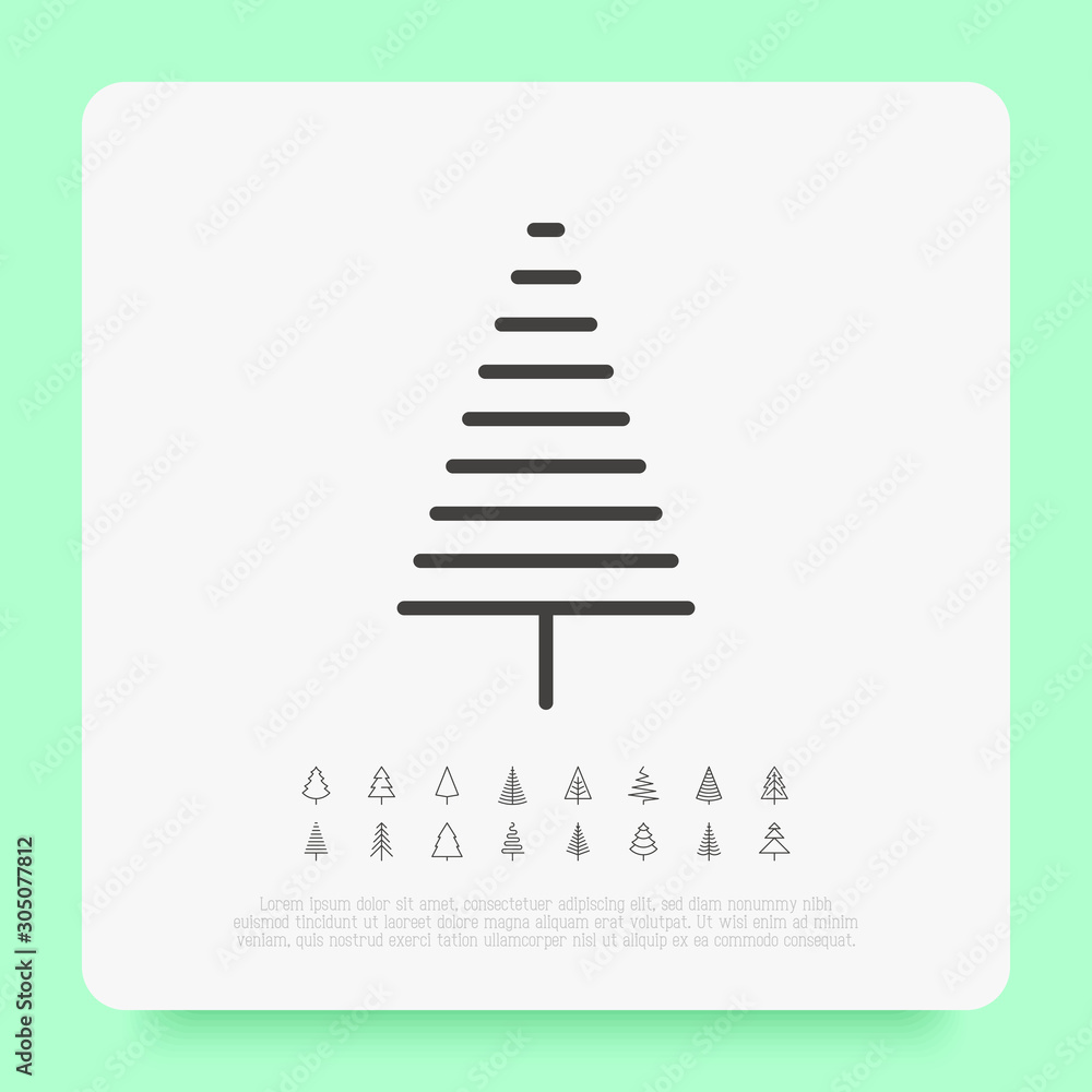 Christmas tree in different shapes. Minimalistic simple thin line icons. Vector illustration for greeting card, Christmas and New Year decoration. Christmas tree in different shapes. Minimalistic simple thin line icons. Vector illustration for greeting card, Christmas and New Year decoration.